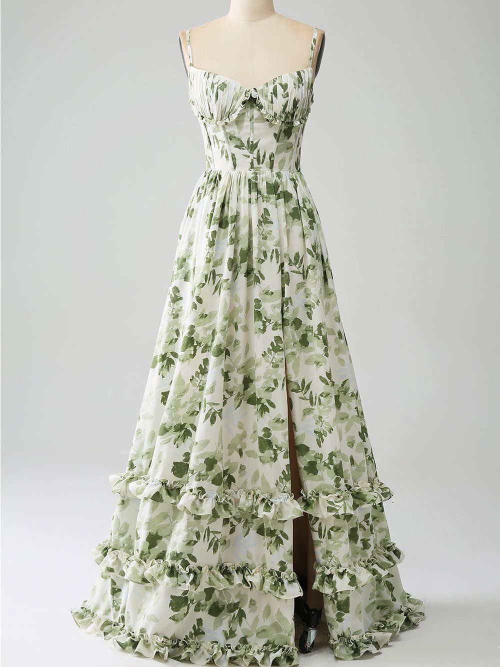 Green Leaf Print Ruffle Dress